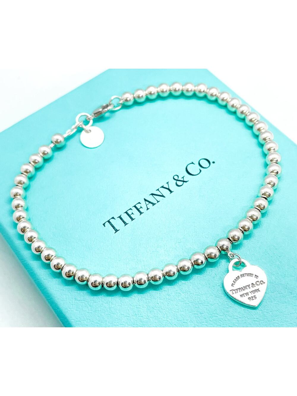 Tiffany & Co. Return to Tiffany Mini Heart Charm Bead Bracelet Silver 7.5"
